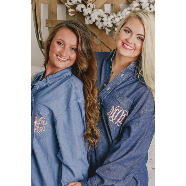 Monogrammed Denim Button Down Shirt for Bride and Bridesmaids - My Southern Charm