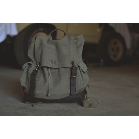 Personalized Vintage Military Style Weekend Travel Backpack Rucksack gift for Dad or Groomsmen